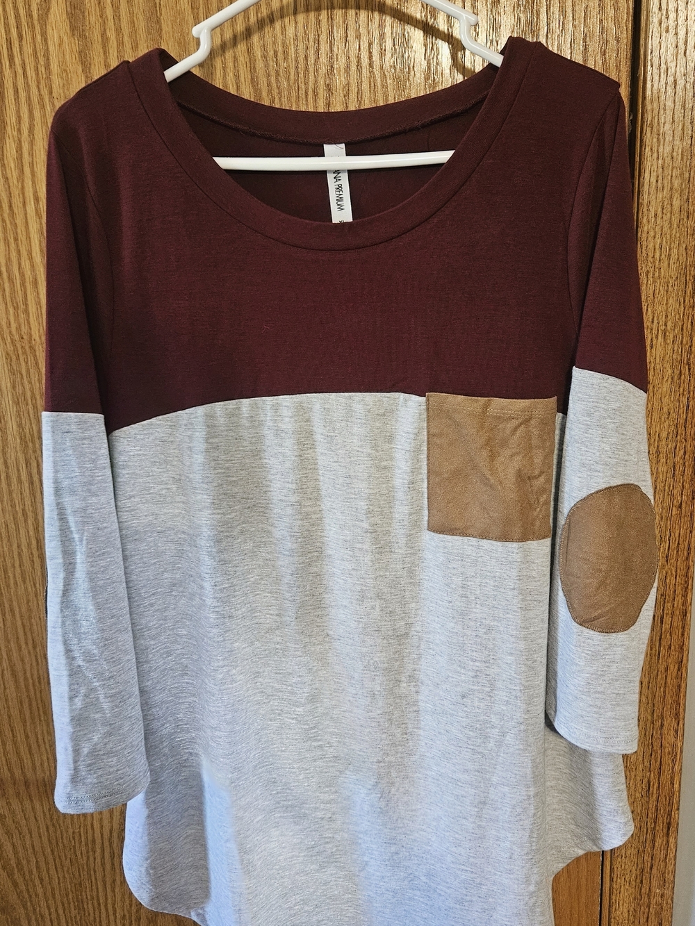 Colorblock Tunic Top in Burgundy, Light Gray & Tan